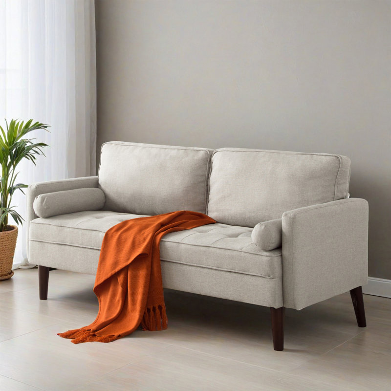 65.02" Upholstered Square Arm Sofa For Living Room, Beige