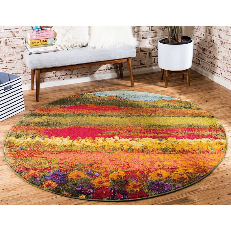 Tapis vert / rouge / jaune Glenarden, Rond 6 pi 1 po