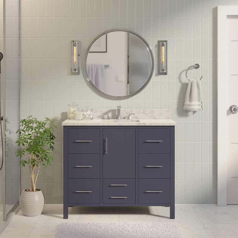 Ensemble de meuble-lavabo simple 42 po Kiara, Gris marine, Marbre de Carrare