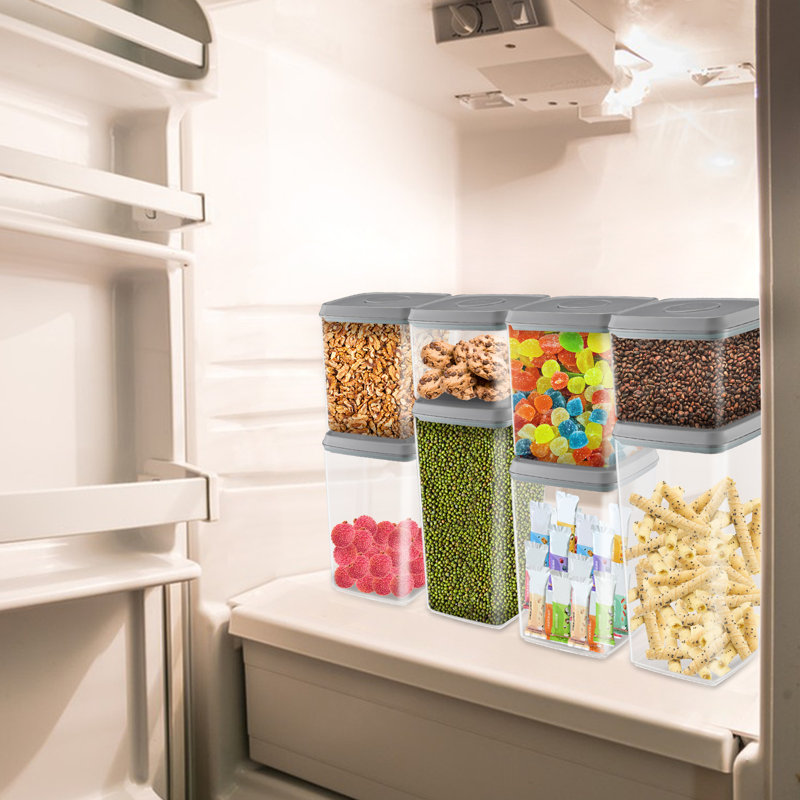 Ensemble de 8 boîtes de conservation alimentaire en plastique hermétiques et empilables avec couvercles pour céréales, farine, sucre et aliments secs.