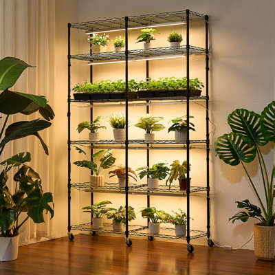 Plant Shelf with Grow Light, 6-Tier Double-Row Plant Stand, 71in Tall Indoor Plants Display Rack with Wheels & Timer, 200W Full Spectrum Grow Lights, Metal Flower Pot Holder for Seed Starting