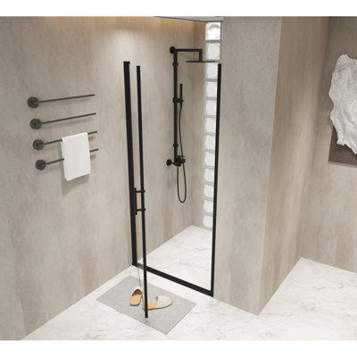 28"X72" Tempered Glass Pivot Shower Door In Matte Black Aluminum Frame, Film, Practical Stainless Steel Handle, Swing Design For Bathroom Arrangement 28X72 Inch With Mechanism, 1/4" Glass, Water -