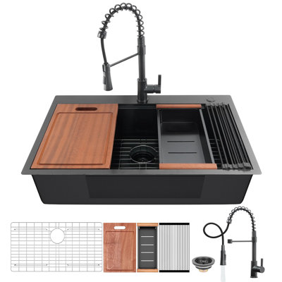 Évier de cuisine noir canon de fusil de 84 cm (33 po) avec robinet 2 en 1, tablettes de travail, acier inoxydable 304 de calibre 16, résistant aux égratignures, évacuation rapide, accessoires de montage par le dessus, surface nano, bride, système d'évacuation de l'eau