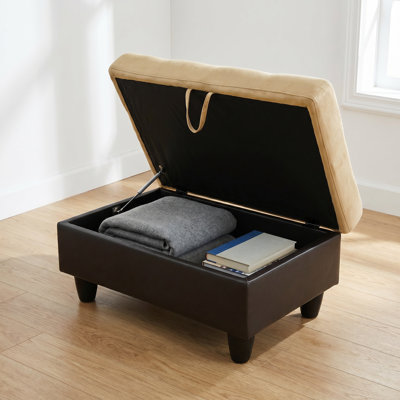 Repose-pieds de rangement moderne capitonné en similicuir, repose-pieds de rangement relevable à rayures contrastantes noir et blanc, banc de rangement rectangulaire rembourré avec pieds en bois massif pour table basse de salon