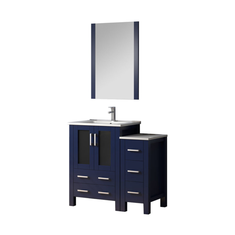 Meuble-lavabo bleu marine l 36 po x P 18,25 po, avec armoire latérale, ensemble de robinet, plateau en céramique blanche et miroir de 22 po