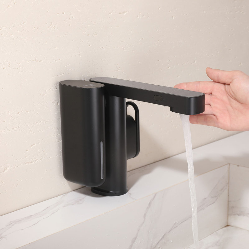 Robinet de salle de bain moderne sans contact avec distributeur de savon intégré, affichage numérique de la température et bonde de vidange