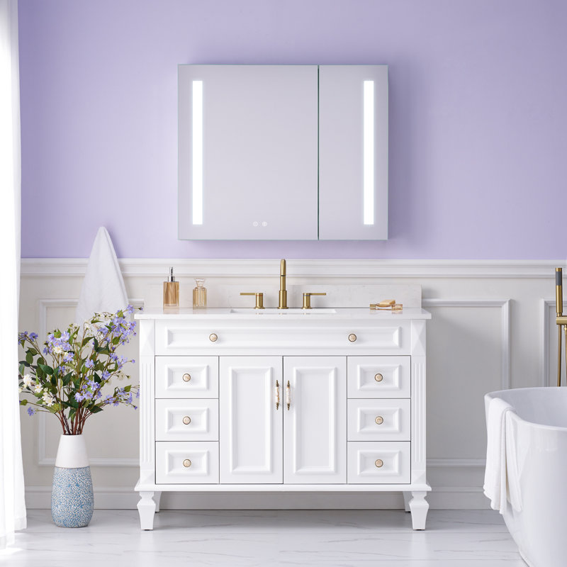 Armoire de salle de bain à miroir encastrée ou à surface pour salle de bain avec tablettes réglables et désembueur
