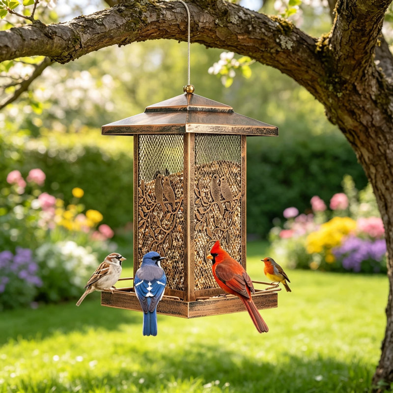 Mangeoire en forme de lanterne en métal pour l'extérieur, mangeoires d'oiseaux sauvages robustes à suspendre dans le jardin, la cour ou le patio avec une finition antirouille et une décoration à motif d'oiseaux
