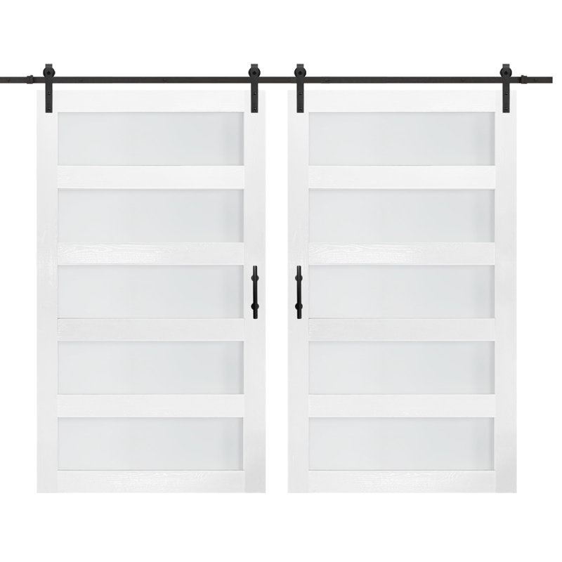 S&Z TOPHAND Double Glass Sliding MDF Barn Door With Sliding Door Hardware Kit, 5 Tempered Frosted Glass, Slab Inside Covered With Water-Proof PVC Surface, Simple DIY Assembly