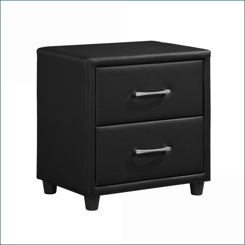Table de chevet moderne en similicuir noir avec 2 tiroirs Poignées argentées