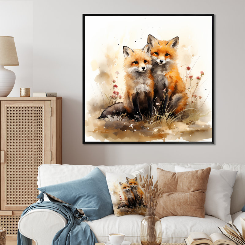 Renards, forêt élégante, grâce II - impressions sur toile, Cadre flottant noir, H 16 po x l 16 po x P 1 po