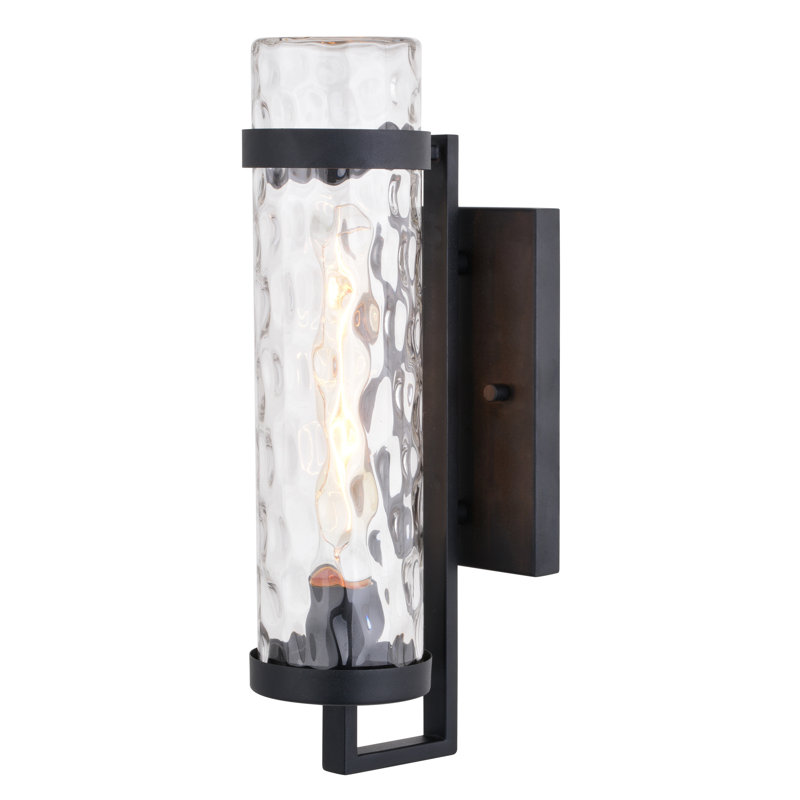 Herrington 15.5 in. H 1-Light Textured Black Transitional Outdoor Wall Sconce made of Durable Metal, Clear Water Glass Shade, LED Compatible, Use for Exterior Porch Patio Front Door or Garage
