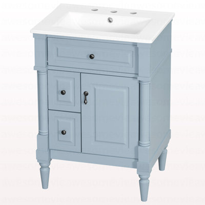 Meuble-lavabo de 24 po avec lavabo, armoire de salle de bain autoportante gris-bleu avec tiroir rabattable, tablette réglable, structure en bois d'hévéa massif, panneaux de fibres à densité moyenne et poignées en métal