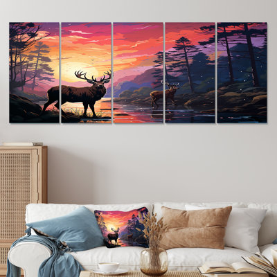 Deer Moonlit Landscape II - Deer Landscape 5 Piece Wall Art Decor