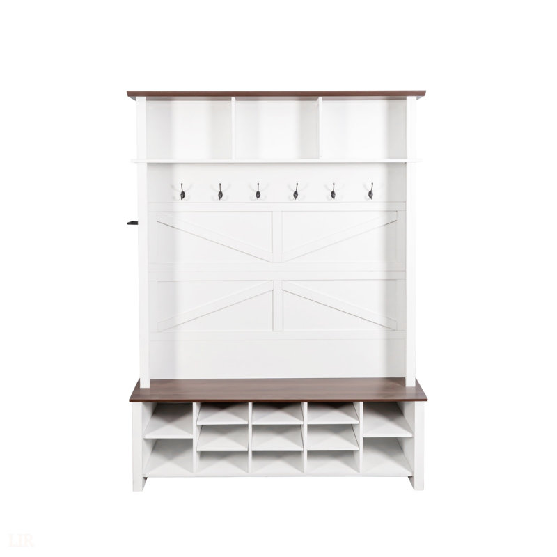 Farmhouse 4-In-1 Hall Tree With 6 Hooks, Adjustable Shelves, And 16 Compartments For Entryway Storage, White