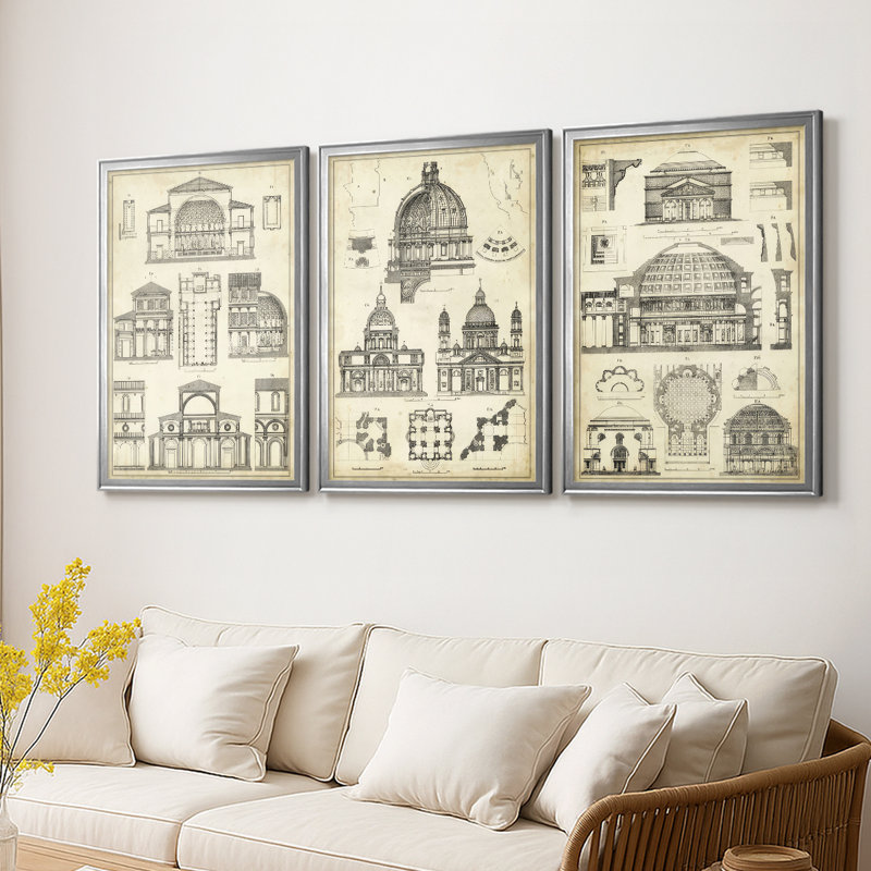 Vintage Architects Plan I  -Custom Framed  Wrapped Gallery Canvas - 3 Pieces, 21" H x 30" W