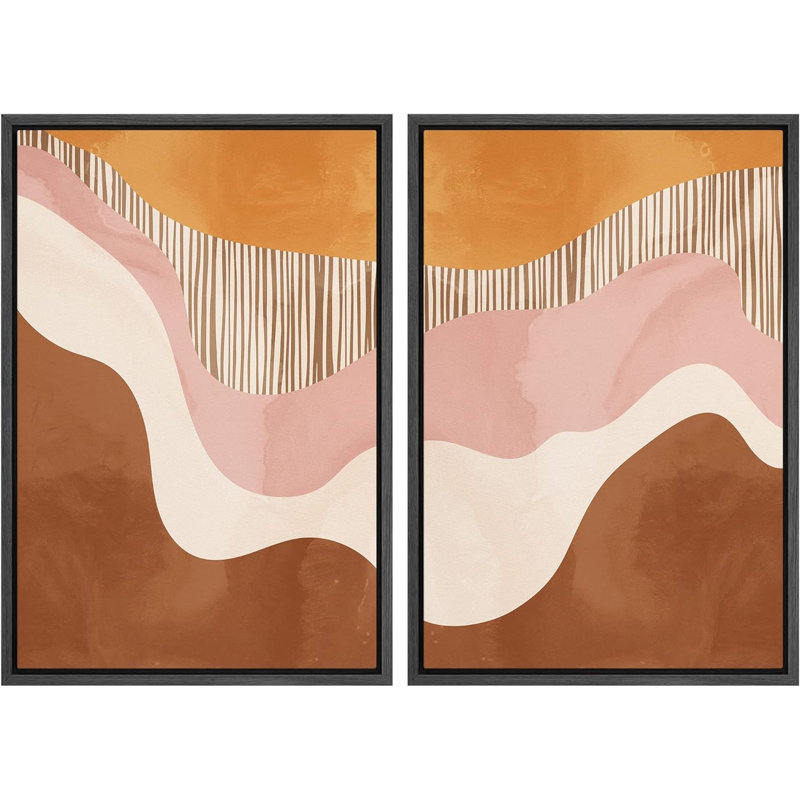 Mid-Century, Mid-Century, pastel, orange, rose, brun, champ, formes abstraites, chic moderne sur toile, Cadre flottant noir