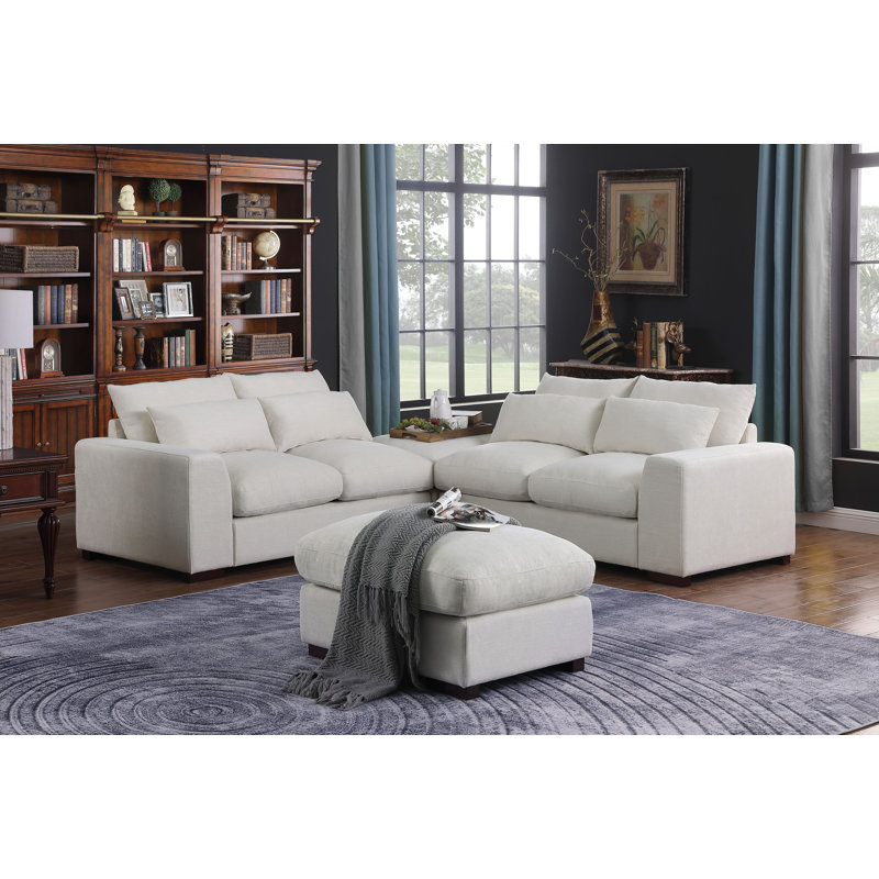 Beige Linen-Blend Modular Sectional Sofa with Ottoman & Toss Pillows