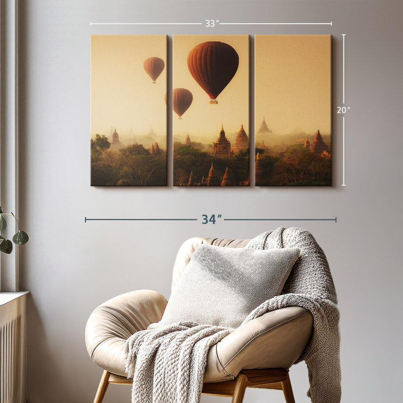 «Bagan Pagoda Ballons», 3 pièces, H 20 po x l 33 po x P 1,25 po