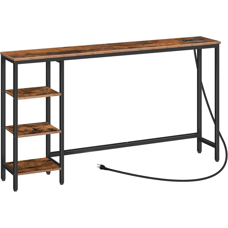 Console avec prise de courant, 63 po derrière le canapé avec tablettes. Brun rustique et noir