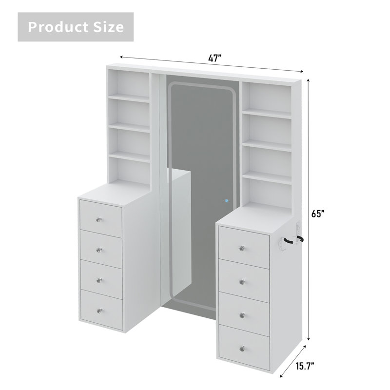 vanity Desk With Full Length LED Mirror, 3 Lighting Modes, Makeup vanity With Power Outlet, 8 Drawers vanity Table , Makeup Table With Shelves