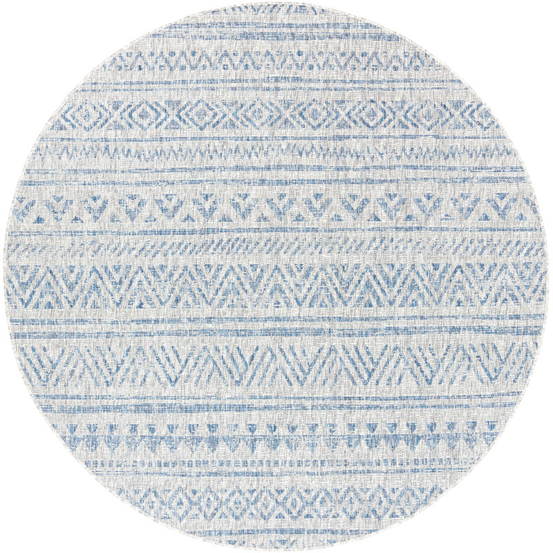 Tapis intérieur / extérieur bleu foncé / gris à chevrons Tomas, Rond 6 pi 7 po