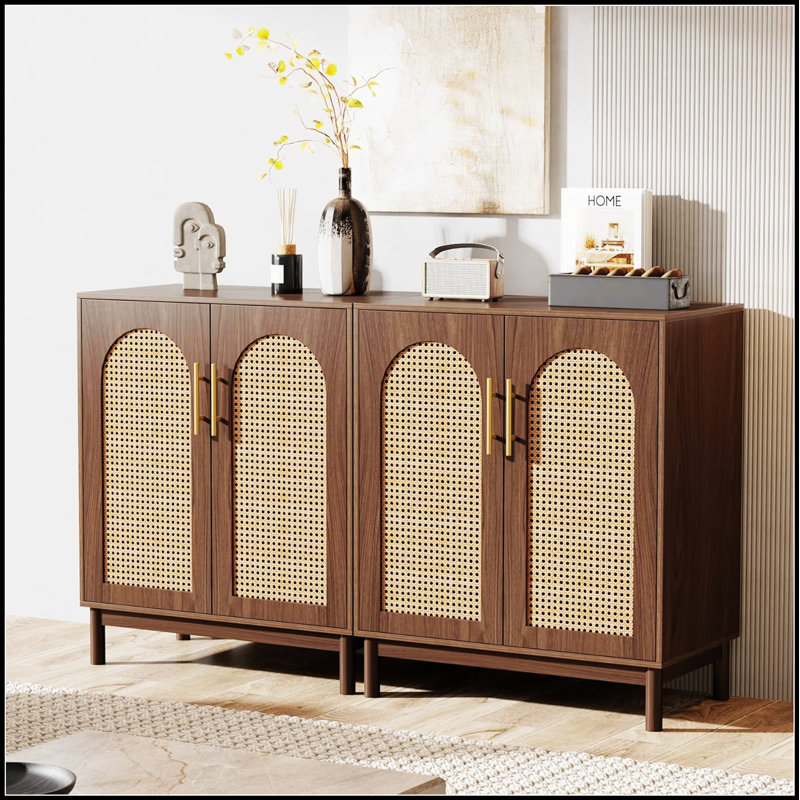 Rattan Wood Yellow Sideboard Buffet Cabinet With Handwoven Doors, Perfect For Modern And Elegant Storage Solutions (Set Of 2)