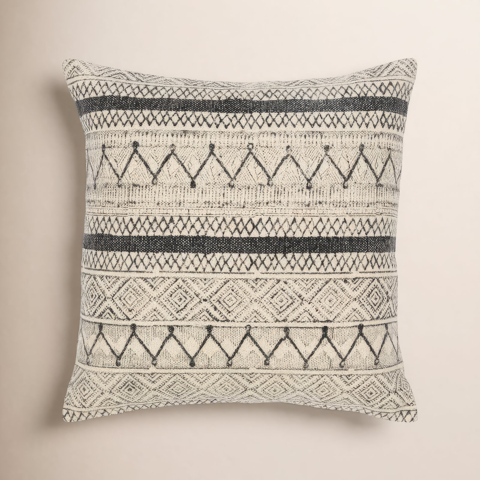 Zetta Geometric Cotton Throw Pillow, Light Beige/Black, Polyester/Polyfill, 18" x 18"