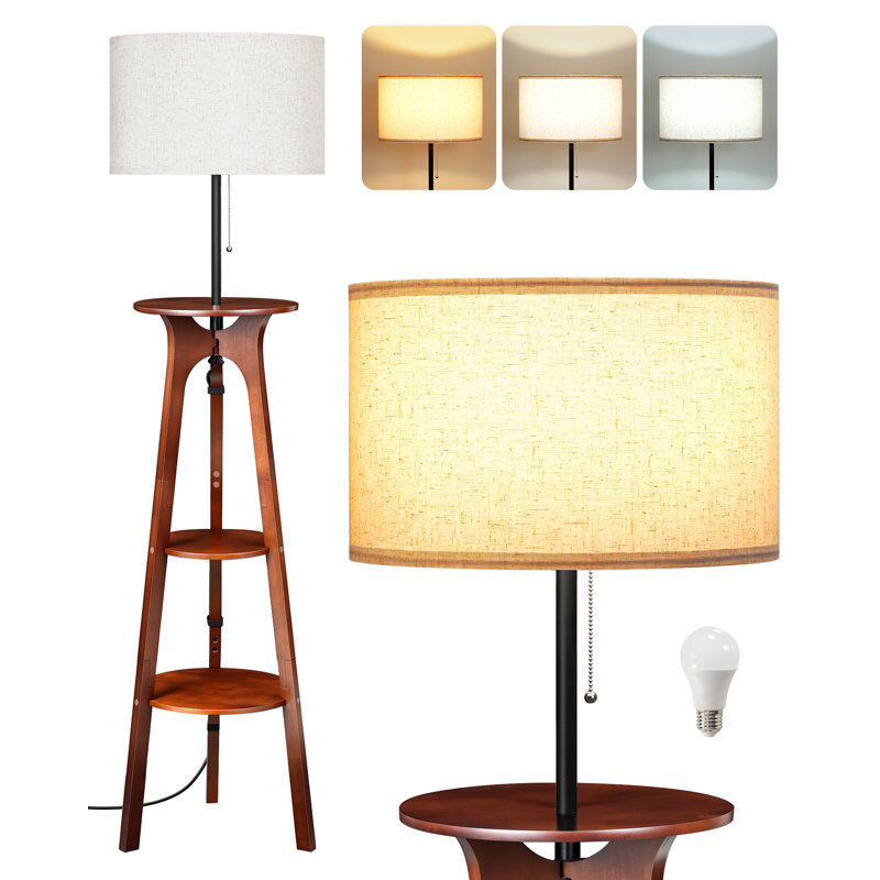 59.8'' Dimmable Tripod 3 Tier Shelf Floor Lamps LED Bulb Included, Dark Walnut