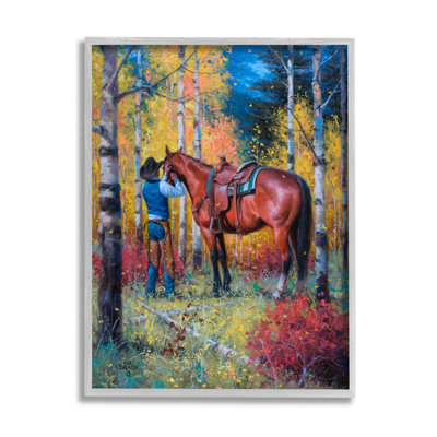 " Cowboy Strapping Colt Horse Wild West Fall Forest " by Jack Sorenson