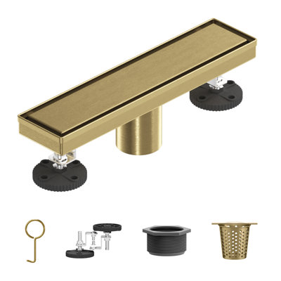 12 po Drain de douche avec panneau d'insertion de tuiles 2-en-1 Drain linéaire en acier inoxydable pour un drainage rapide en or brossé