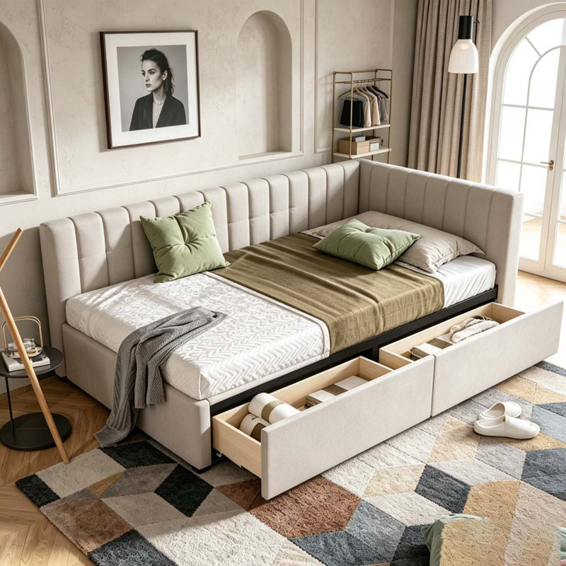 Lit de jour rembourré avec 2 tiroirs de rangement, Beige