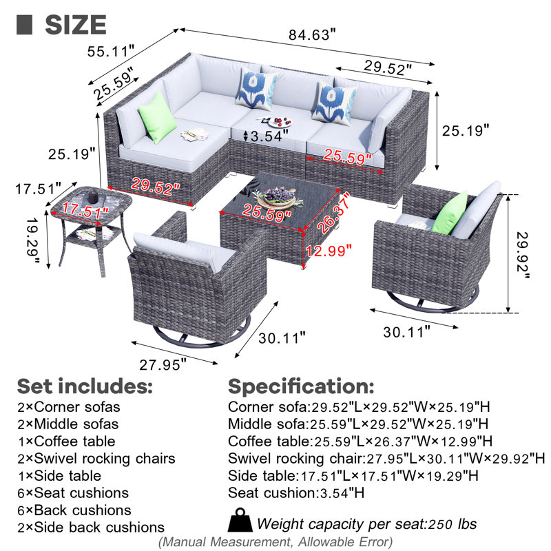 Ensemble de conversation modulaire avec coussins 8 pièces Guylene, gris