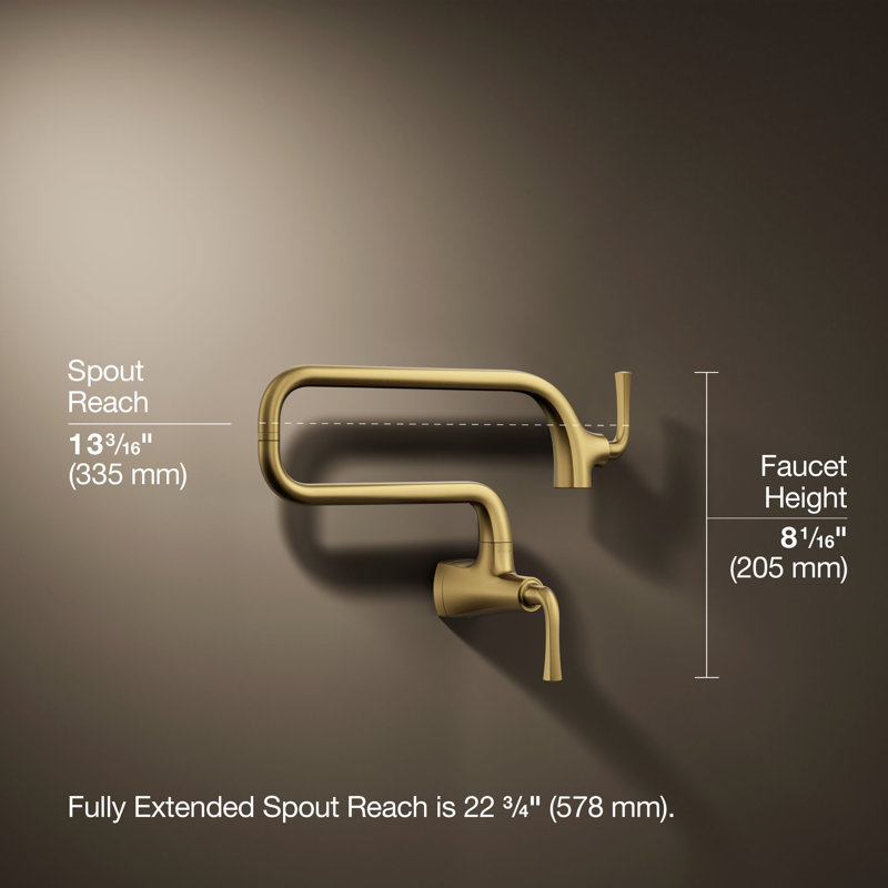 Graze Wall-Mount Pot Filler Faucet, Swing Arm Kitchen Pot Filler Faucet, Gold