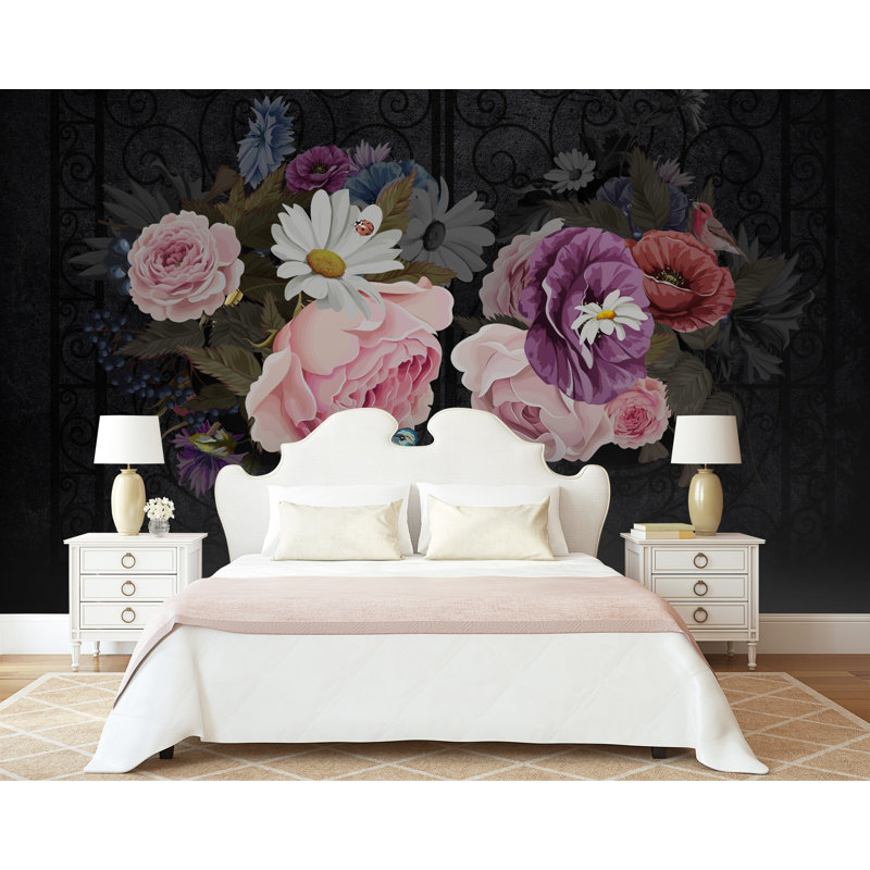 Dark Floral Colourful Peony Pink Flower Textile Wallpaper, 75”L x 112”W