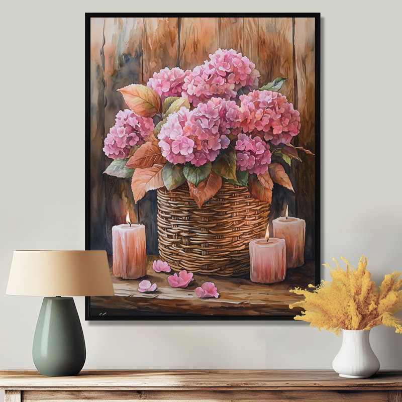 Hydrangées dans un panier tissé avec bougie I - art mural sur toile Hydrangea, Noir, Reproduction avec cadre flottant