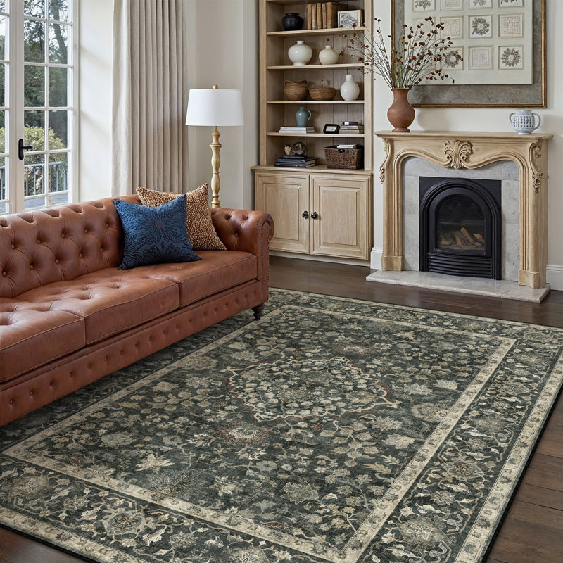 Tapis floral lavable à la machine avec envers antidérapant, Rectangle 9' x 12', Noir