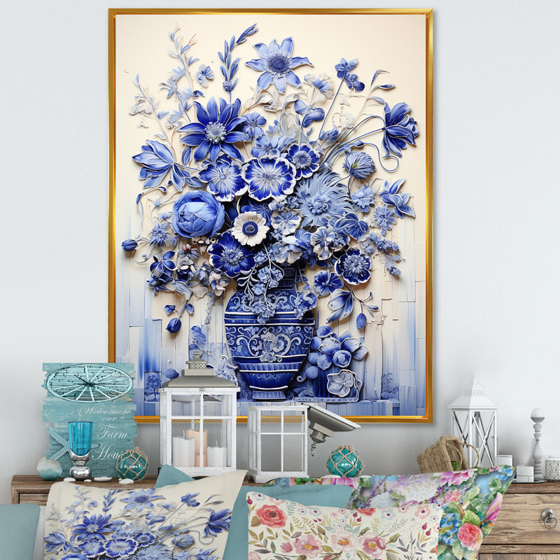 «Blue and White Boho plant Pottery II», impression sur toile Boho Pottery, H 40 po x l 30 po x P 1,5 po, Cadre flottant doré