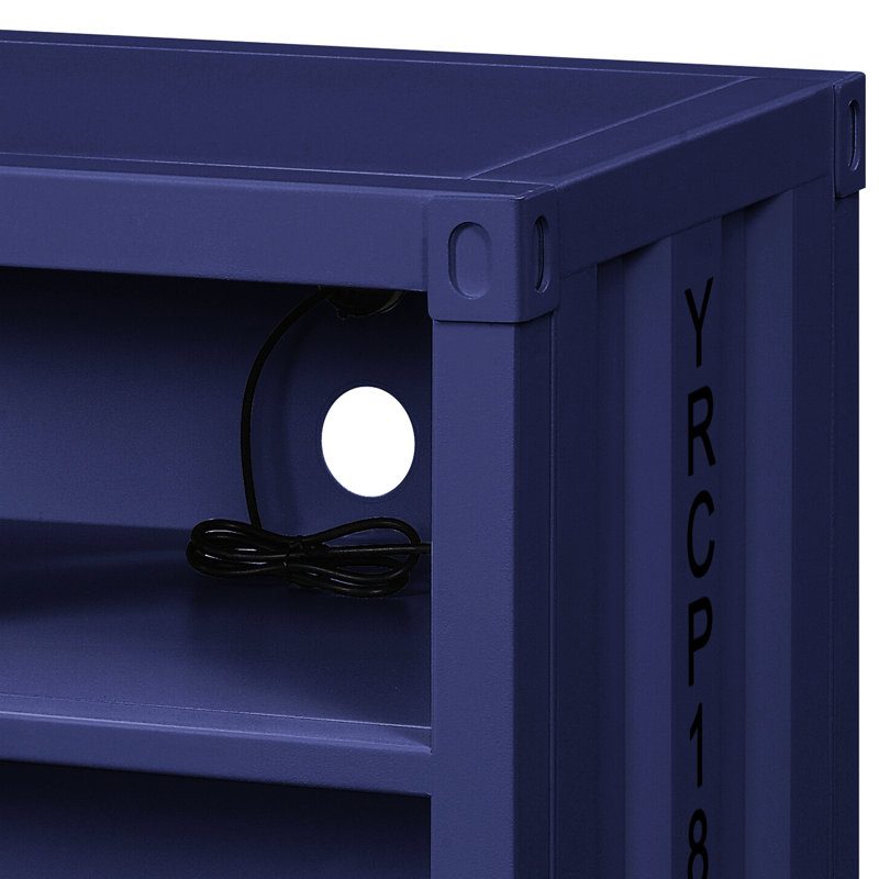 Table de chevet bleue en métal avec tablettes ouvertes