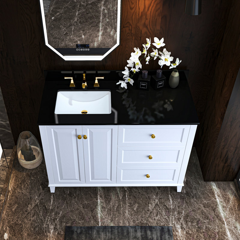Hannah 48'' Single Bathroom Vanity with Quartz Top, Black, White/Brushed Nickel, Left