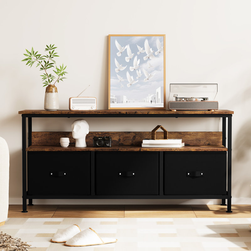 Meuble télé moderne avec 3 tiroirs et 1 tablette, meuble de rangement multimédia pour le salon, Brun / Noir