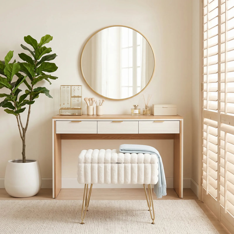 17.3" Faux Fur Vanity Stool with Storage, Metal Legs Dressing Bench for Bedroom, White