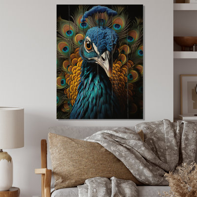 Portrait d'un paon animal turquoise - impression sans cadre sur bois