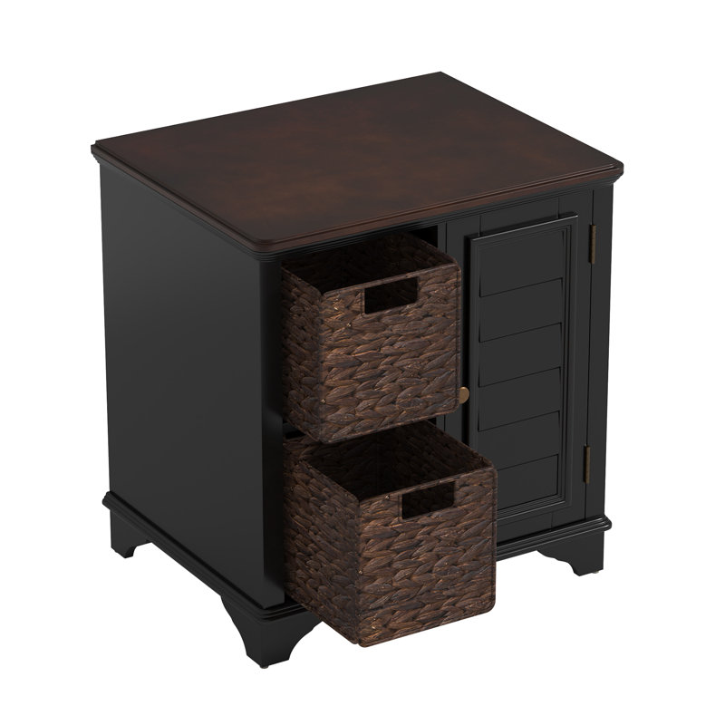 Table d'appoint Black Shutter avec 2 paniers tissés à la main, table de bout de style américain avec armoire de rangement et pieds de repose-pieds