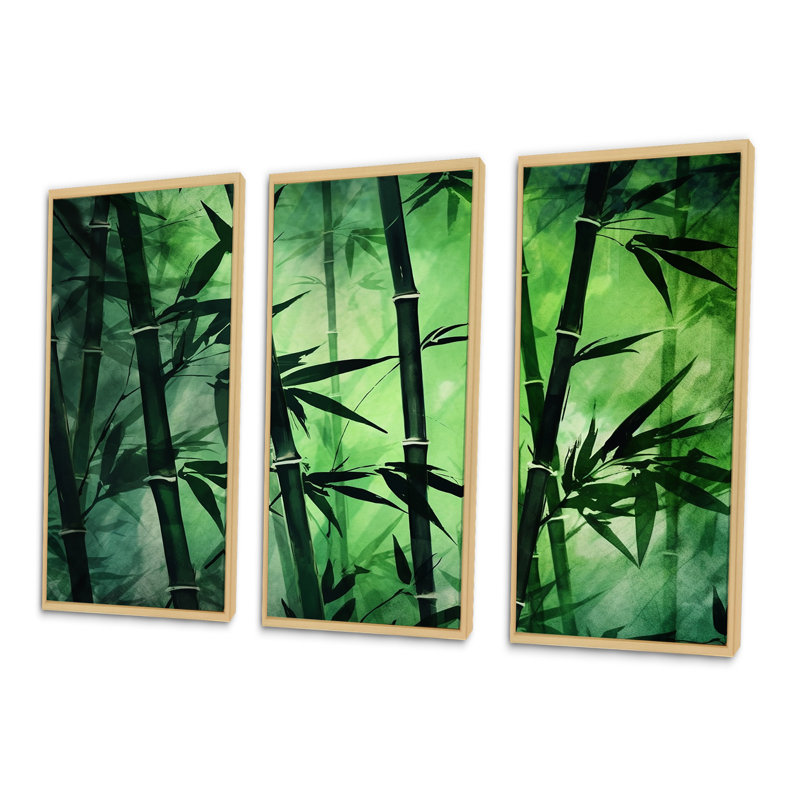 Bambou vert foncé et clair - ensemble d'art mural en bambou, Cadre naturel flottant, H 28 po x l 36 po x P 1 po