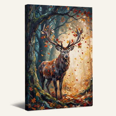 Cerf dans une forêt d'automne avec des feuilles mortes - Toile murale d'Halloween