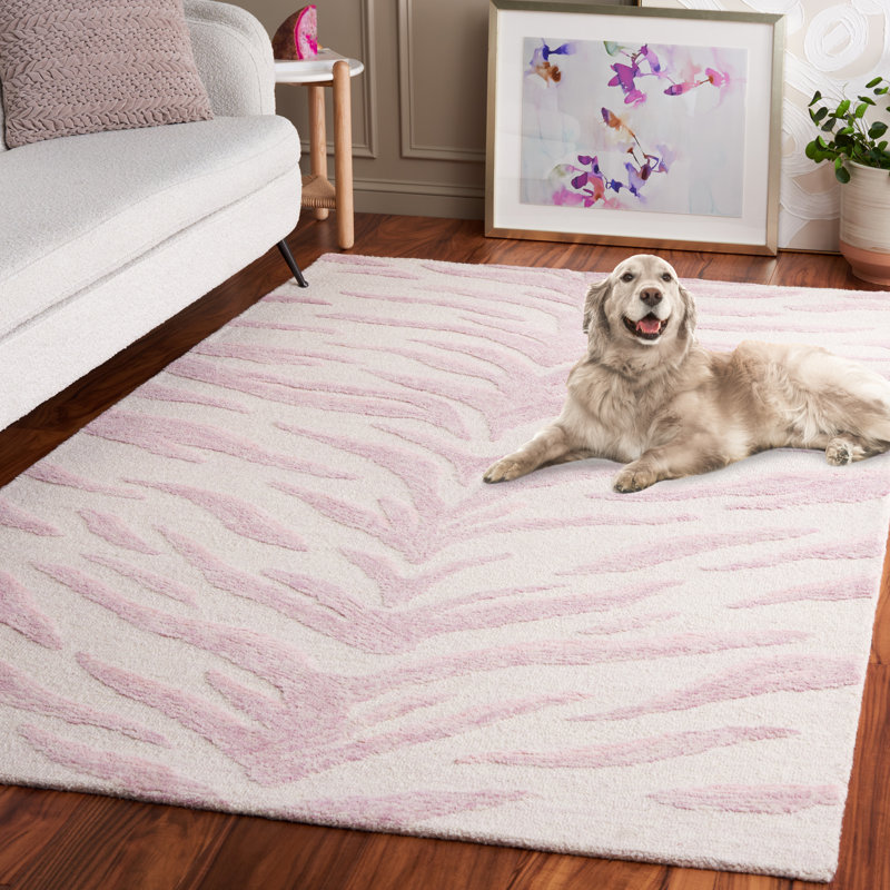Vinney Ebony Hand Tufted Wool Cotton Animal Print Rug in Ivory/Pink, Rectangle 5' x 8'