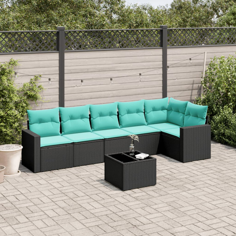 Ensemble de canapé de patio 7 pièces avec coussins en rotin de polyester, Bleu clair, Noir
