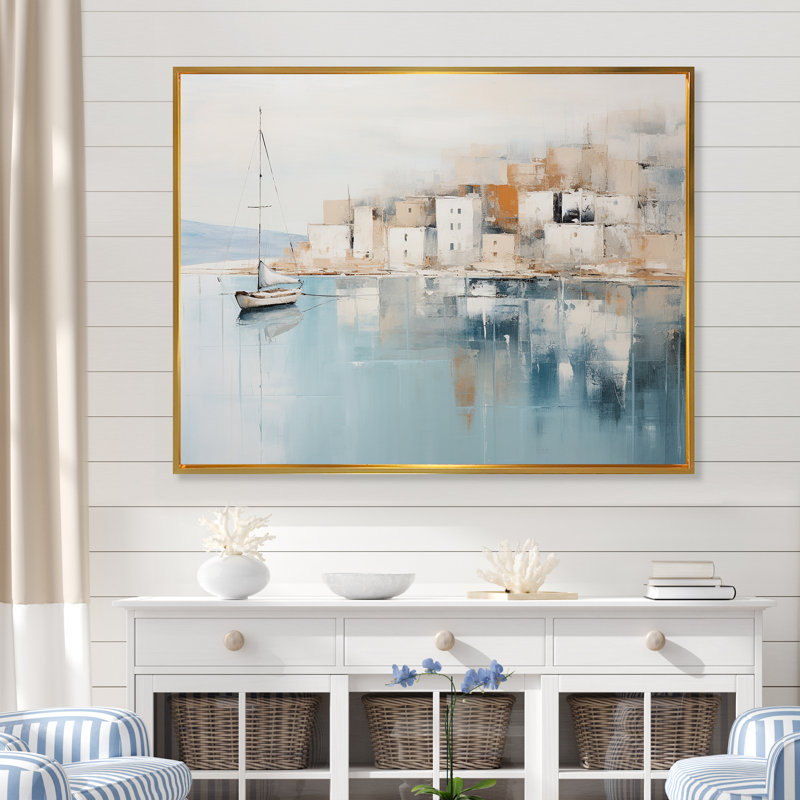 Amolika - Bateau, art mural sur toile, Cadre flottant doré, H 24 po x l 32 po x P 1 po