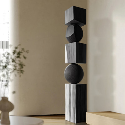 Modern Abstract Wood Floor Sculpture, Handcrafted Black Decorative Object for Minimalist Entryway, Contemporary Art Home Accent